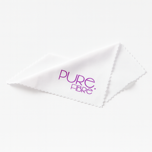 White cleaning cloth with 'PURE FIBRE' logo on a white background